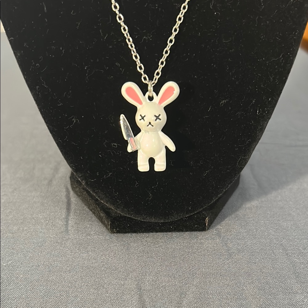 White and Pink Killer Bunny Pendant Necklace